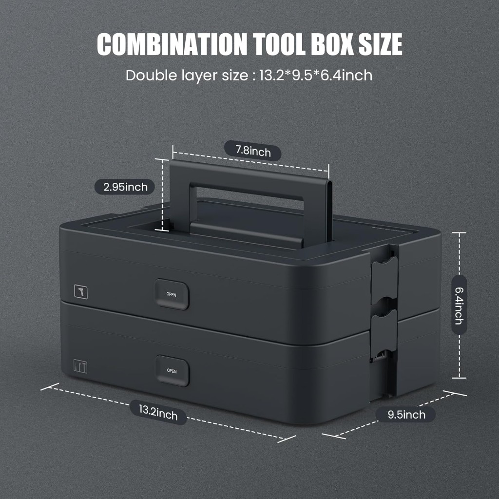 Blackzero BZD-01T-PH-A1 combination tool box size diagram — 13.2 x 9.5 x 6.4 inch double-layer case