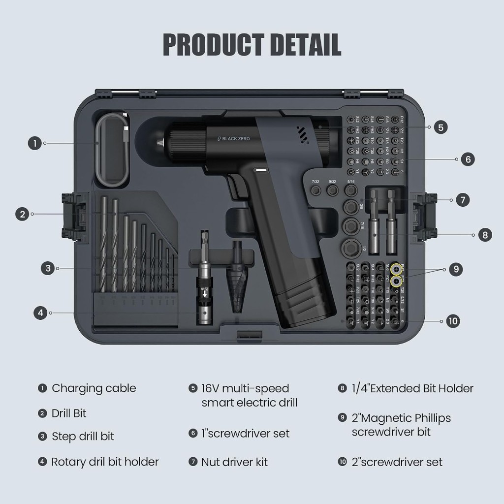 Blackzero BZD-01T-PH-A1 drill tier product detail — labeled charging cable, bits, step drill bit and screwdriver sets